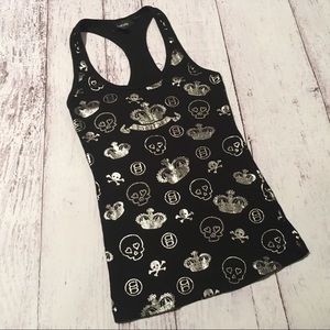 New Bebe Small Racer Tank Top Skulls Rhinestones